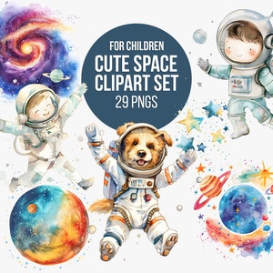 Watercolor Space Clipart for Children | Kawaii Space PNG, Astronaut Animals Clipart, Astronaut Children, Universe, Planet, Rocket
