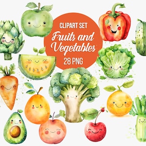 Clipart di frutta e verdura ad acquerello / PNG di frutta e verdura kawaii, broccoli, carote, mais, ananas, anguria, clipart di cibo