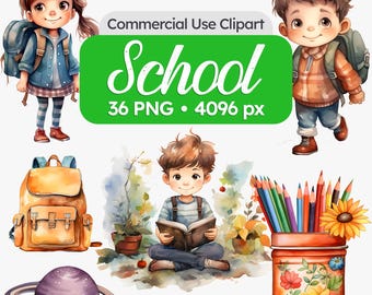 Watercolor School Clipart – Teacher, Students and Classroom Supplies for Back to School and Educational Designs
