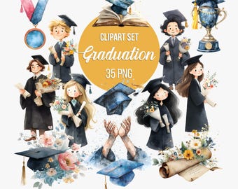 Watercolor Graduation Clipart | Graduation PNG Graphics & Elements for Invitations and Decor (Instant Download)