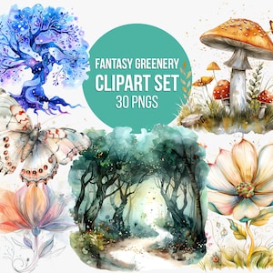 Aquarell Fantasy Greenery Clipart | Fantasy Wald PNG, Fantasy Landschaft, Fantasy Blumen, Fantasy Tiere Clipart, Märchen Clipart PNG
