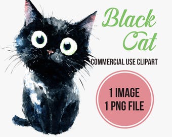 Akvarell svart katt clipart | Kawaii kattunge PNG-grafik för hantverk (direkt nedladdning)