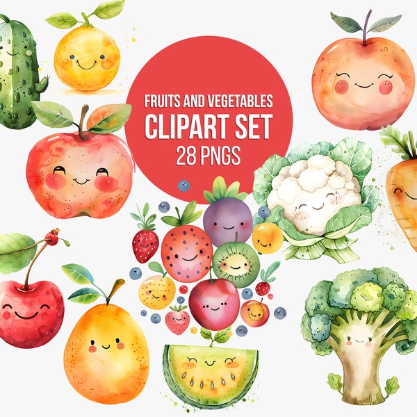 Fruits and Vegetables Clipart Set, Nursery Decor Graphics, Instant Download