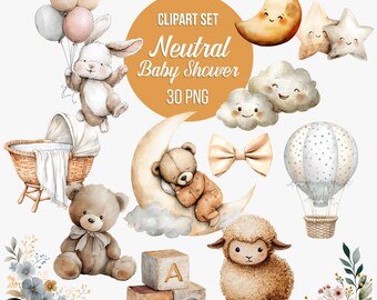 Aquarel neutrale babyshower clipart | 30 png-stijl: genderneutrale kinderkamerkunst