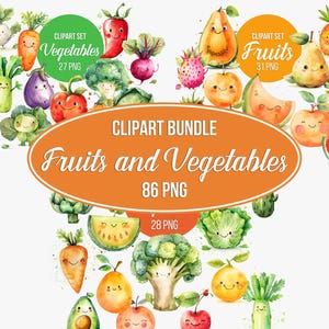 Watercolor Fruits and Vegetables Clipart Bundle | Kawaii Fruits and Vegetables PNG, Cute Food Clipart, Broccoli, Watermelon, Carrot, Garlic