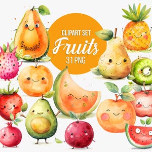 Aquarell Früchte Clipart | Kawaii Früchte PNG, Apfel, Orange, Pfirsich, Trauben, Granatapfel, Erdbeere, Mango, Birne, Kirschen, Lebensmittel Clipart