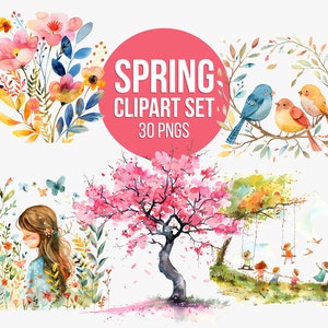 Watercolor Spring Clipart | Spring Decor PNG, Spring Flower Clipart, Spring Wreath, Watercolor Spring, Spring Landscapes, Spring PNG