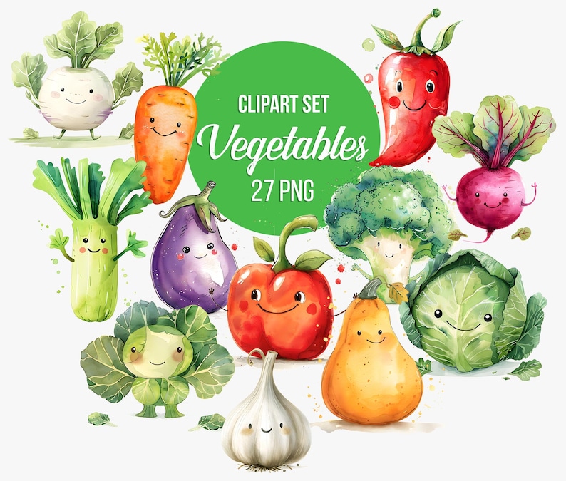 Watercolor Fruits and Vegetables Clipart | Kawaii Food PNG Bundle ...