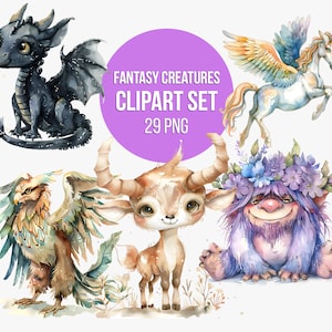 Aquarell Fantasy Kreaturen Clipart | Fantasy Clipart PNG, Aquarell Fantasy PNG, Drache, Gnom, Greif, Einhorn, Oger Clipart