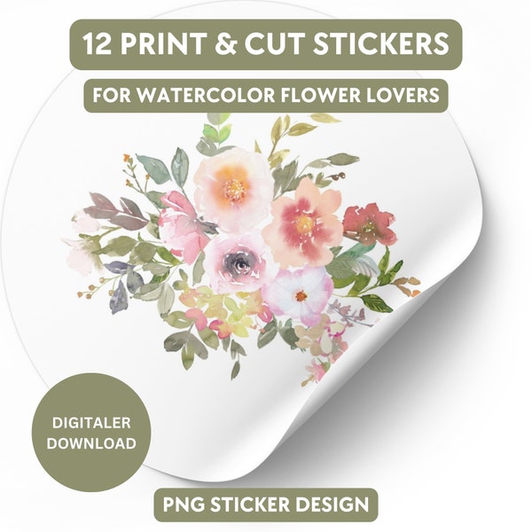 Wasserfarben Florale Sticker PNG, Sticker Design, Romantische Sticker PNG, Print And Cut Sticker, Geschenk Sticker, Journal Sticker, Journal