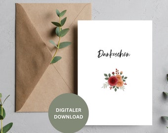 Digitaler Download, Blume, Blumenstrauss, druckbare Grußkarte, Frühling, Gruß, Danke, Dankeschön, Note, Printable, Druckbares Geschenk