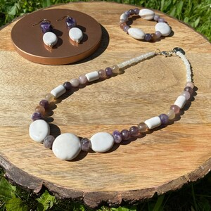 Ceramic & Amethyst Beaded Jewelry Bracelet Necklace Earrings Set