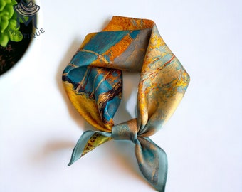 Vintage Silk Small Square Scarf For Women, Oil Painting Pattern Neck Scarf, Thin Colorful Scarf, Trendy Neckerchief, Gifts For Women