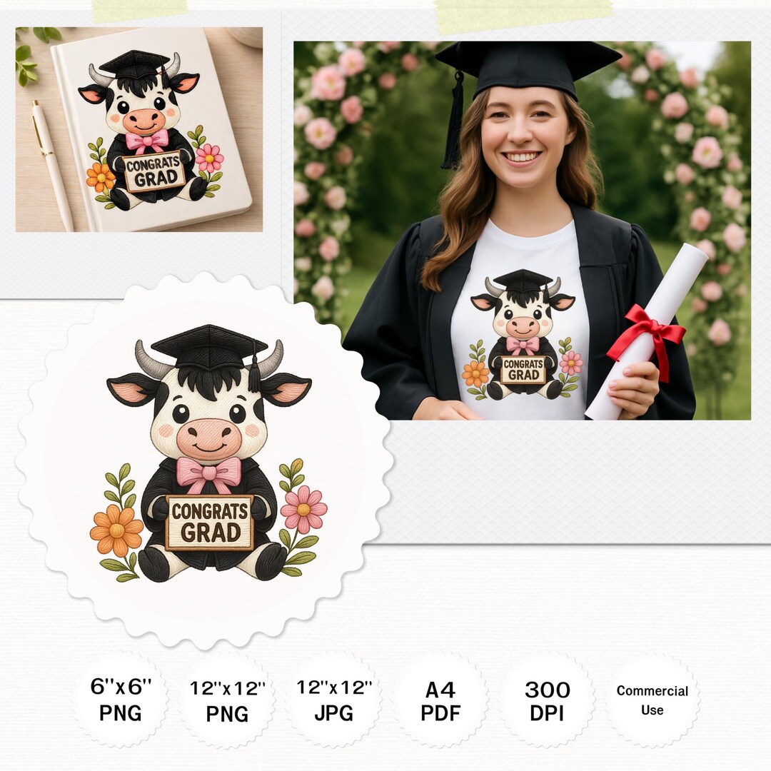 Graduation Cow Embroidery Graduation Cow Png, Congrats Grad Cow Png, Cow Graduate ...