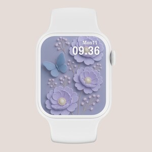 Sfondo floreale per Apple Watch, farfalla con fiore viola, quadrante botanico, sfondo estetico per smartwatch con natura, arte digitale iOS con fiori selvatici