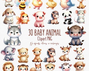 Baby Animal Clipart PNG, Watercolor Nursery Decor (Digital Download)