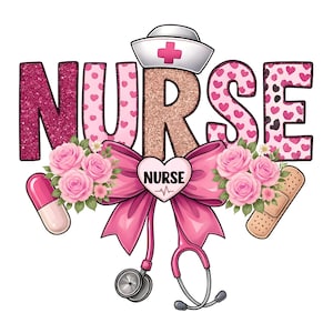 Rosa Krankenschwester PNG, Krankenschwester Clipart mit Schleife, medizinischer Bogen Stethoskop, süßes Krankenschwester-Shirt PNG, Blumen Krankenschwester Sublimation, Herz Krankenschwester Design für Geschenke