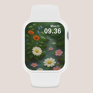 Sfondo floreale per Apple Watch, Forest Rain Watch, Quadrante botanico per orologio, Sfondo estetico per smartwatch con natura, Arte digitale iOS con fiori selvatici