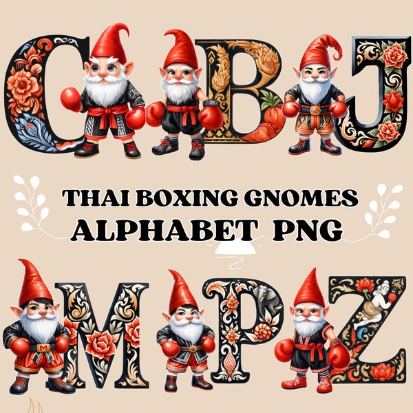 Thai Boxing Gnome Alphabet PNG Set A-Z 26 PNG, Decorative Fighting Gnomes Letters, 4 Inch, 300 DPI, Transparent Background, Commercial Use.