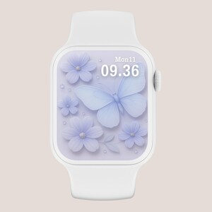 Sfondo floreale per Apple Watch, orologio con farfalla viola, quadrante botanico, sfondo estetico per smartwatch con natura, arte digitale iOS con fiori selvatici