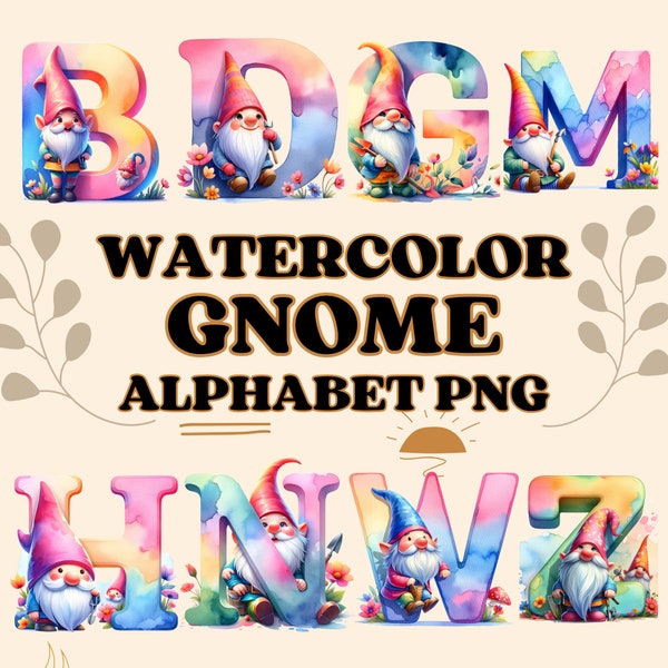 Watercolor Gnome Alphabet A-Z, Gnome Font, 26 PNG Clipart, 4x4 Inch, 300 DPI Clipart, Commercial Use, Transparent PNG,Clipart A-Z