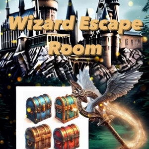 Pode incluir: Uma ilustração digital do castelo de Hogwarts com o texto "Wizard Escape Room" e as palavras "HARRY POTTER FANS" na parte inferior. Quatro baús do tesouro estão em primeiro plano, com uma grande chave dourada com asas no centro.