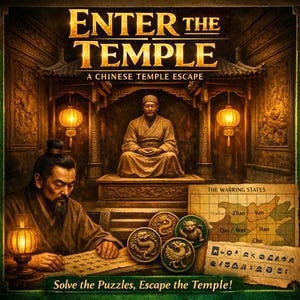 Puede incluir: Una caja de juego titulada ENTER THE TEMPLE A CHINESE TEMPLE ESCAPE que muestra una figura sentada, una persona leyendo un pergamino, linternas brillantes, cuatro fichas circulares con relieves de animales y un mapa THE WARRING STATES.