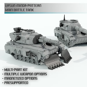 May include: Three gray main battle tanks with detailed designs, including turrets, treads, and weaponry. The text "URSUN MINOR-PATTERN MAIN BATTLE TANK" is at the top. Additional text includes "MULTI-PART KIT", "MULTIPLE WEAPON OPTIONS", "MAGNETIZED OPTIONS", and "PRESUPPORTED".