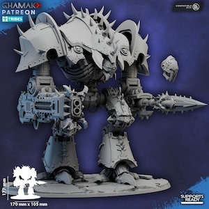 May include: A gray, detailed model of a mechanical war machine with spiked armor and weaponry. The model is 170 mm x 105 mm and 177 mm tall. The image includes the text "GHAMAK PATREON TRIBES" and "SUPPORTS READY".
