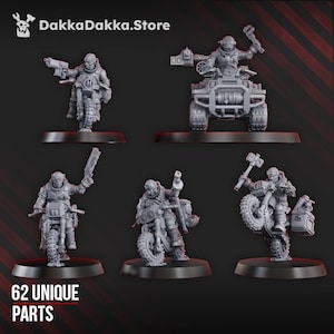 May include: A collection of gray miniature figures, including characters on motorcycles and an all-terrain vehicle. The figures are posed with various tools and weapons. The text "DakkaDakka.Store" and "62 UNIQUE PARTS" are visible.