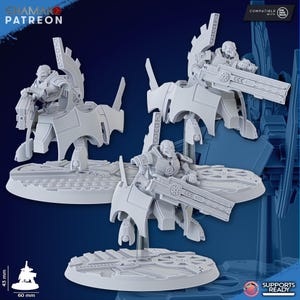 May include: Three gray miniature figures of futuristic soldiers with large weapons, mounted on circular bases. The figures are approximately 43 mm tall and 60 mm wide. The image includes the text "CHAMAKO PATREON" and "SUPPORTS READY".