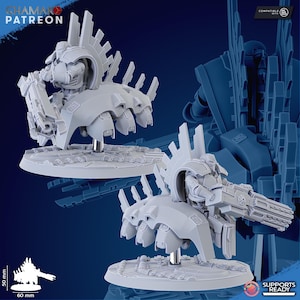 May include: Two gray, futuristic robot miniatures with intricate designs, mounted on circular bases. Each robot has a large weapon and is surrounded by a complex, spiky structure. The image includes the text "CHAMAKO PATREON" and "SUPPORTS READY".