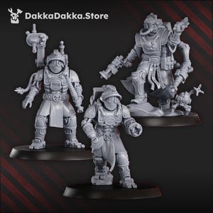 May include: Three grey miniature figurines of futuristic soldiers. Each figure is detailed with armour, helmets, and various mechanical attachments. The figures are standing on black bases. The store name "DakkaDakka.Store" is visible in the top left corner.