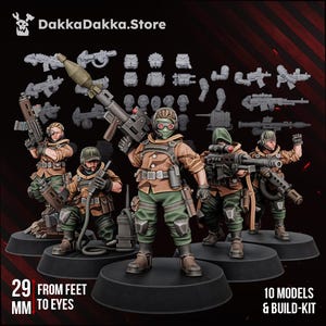 May include: A set of 10 miniature soldier models with a build-kit featuring various weapons and gear. The figures wear tan and green uniforms with tactical equipment. Text on the image includes DakkaDakka.Store and 29 mm from feet to eyes.