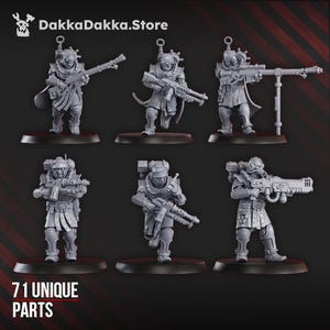 Könnte beinhalten: Sechs graue Miniaturfiguren futuristischer Soldaten, die jeweils eine Waffe halten. Die Figuren stehen auf schwarzen Sockeln. Der Text "71 UNIQUE PARTS" befindet sich unten. Das DakkaDakka.Store-Logo befindet sich oben.