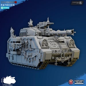 May include: A grey model tank with a large cannon and multiple smaller guns. The tank features detailed designs, including decorative elements and a prominent cross emblem. The model measures approximately 5.6 cm in height and 25.8 cm in length.