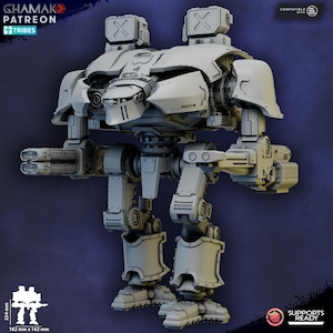 May include: A gray, detailed model of a bipedal war machine, featuring multiple weapon systems and armored plating. The model has a complex mechanical design with visible joints and panels. The image includes the text "GHAMAK PATREON TRIBES" and "SUPPORTS READY".
