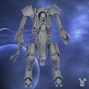Könnte beinhalten: Eine graue, futuristische Kriegsmaschine mit einer Kapuzenfigur in der Mitte. Der Roboter hat große, bewegliche Gliedmaßen, eine haloartige Struktur und einen bewaffneten Arm. Der Hintergrund zeigt einen Sternenhimmel und Planeten, was auf ein Science-Fiction-Thema hindeutet.