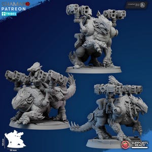 May include: Three grey miniature figures of a reptilian creature with mechanical attachments, including large guns. The figures are on circular bases. The image includes the text "CHAMAK PATREON TRIBES" and "SUPPORTS READY".
