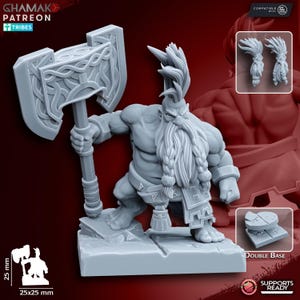 May include: A grey miniature figurine of a muscular dwarf holding a large axe with a detailed handle. The dwarf has a long braided beard and a feathered crest. The base measures 25x25 mm, and the figure is 25 mm tall. The image includes the text "GHAMAK PATREON TRIBES".