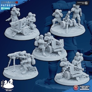 May include: A collection of miniature figurines depicting soldiers operating artillery weapons. The figures are in a military uniform and are posed in various action stances. The miniatures are on circular bases and appear to be made of a light gray material. The image includes the text "Supports Ready".