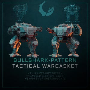 Op de afbeelding: Twee grijze en blauwe Bullshark-Pattern Tactical Warcasket modellen worden getoond, elk met gedetailleerde mechanische ontwerpen en wapenopzetstukken. De afbeelding bevat technische tekeningen en de tekst: "FULLY PRESUPPORTED, PREPOSED LEGS OPTIONS, WEAPONS FOR DREADNOUGHTS."