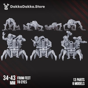 May include: A collection of gray miniature figures, including creatures and soldiers with weapons. The figures range from 34-43 mm in height. The image includes the text "DakkaDakka.Store", "From Feet To Eyes", "13 Parts", and "6 Models".