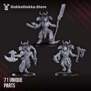 May include: Three gray miniature figurines of fantasy warriors with horned helmets and detailed armor. Each figure is posed with a weapon, including a large sword and axes. The text "71 UNIQUE PARTS" is at the bottom.