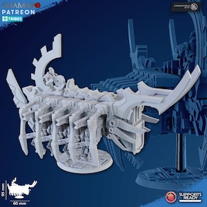 May include: A white 3D printed model of a futuristic spaceship with multiple arms and a detailed design. The model is 60 mm wide and 95 mm tall. The model is compatible with One Page Rules.