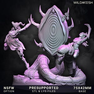 Puede incluir: Escultura de fantasía renderizada en 3D en tonos morados y grises. La escultura presenta un gran elemento central de forma ovalada con círculos concéntricos, flanqueado por dos figuras y una criatura serpentina. El texto incluye "WILDMESH", "NSFW OPTION", "PRESUPPORTED STL & LYS FILES" y "BASE 75x42MM".