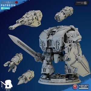 May include: A gray, detailed miniature model of a futuristic robot warrior, holding a large sword and shield. Additional modular weapon attachments are displayed around the central figure. The model is approximately 3.8 inches tall and 3.1 inches wide.