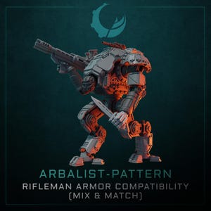 May include: A detailed, gray and orange Arbalist-Pattern Rifleman armor model, holding a large gun and a knife. The model is in a combat stance, with text at the bottom that reads "ARBALIST-PATTERN RIFLEMAN ARMOR COMPATIBILITY (MIX & MATCH)".