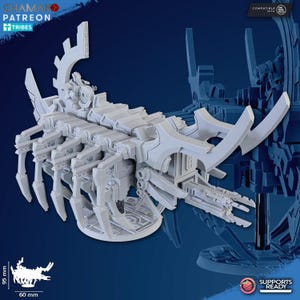 May include: A detailed, white, 3D printed model of a futuristic, multi-legged, spaceship with a long, thin, weapon on the side. The model is on a round base and is 60 mm in diameter. The model is compatible with one page rules.