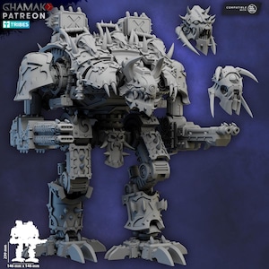 May include: A detailed, gray, mechanical war machine model with spiked armor and multiple weapon systems. The model includes a large central body, two legs, and two arms with cannons. The image also shows two detached head pieces. The model is 230 mm tall and 146 mm x 146 mm wide.